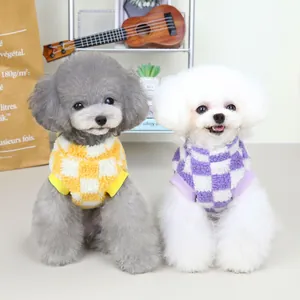 Cozy checkered fleece pet vest for small dogs and cats in yellow and purple.