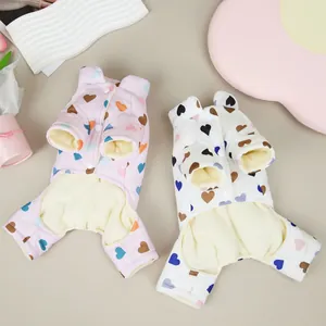 Quilted pet jumpsuit with colorful heart patterns and cozy fleece lining for dogs and cats