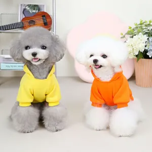 Yellow and orange hooded pet sweatshirts for small dogs and cats in cozy indoor setting