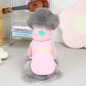 Pink dog hoodie with PEACH print and green clover detail on hood worn by a poodle