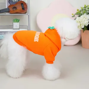 Orange pet hoodie with ORANGE print and green flower on a white toy poodle dog