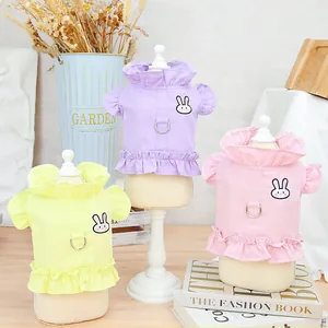 Rabbit Embroidery Pet Harness Dress Cotton Denim Dog Vest Shirt With Metal D-Ring Ruffle Neck Princess Clothing For Pets