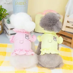 Pastel pink and yellow cotton pet harness dresses with rabbit embroidery and D-ring