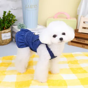 Petit caniche blanc portant une robe en jean bleu foncé pour chien sur une couverture à carreaux