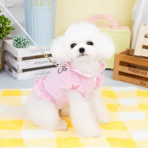 Pink pet summer dress with cute rabbit embroidery and D-ring harness for small dogs