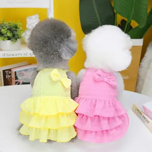 Pink and yellow tiered pet princess dresses with 3-layer ruffles and 3D bow details