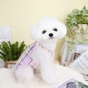 Pink and light blue checkered cotton pet vest with white buttons for small dogs