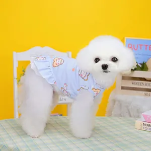 Süßes hellblaues Haustierkleid mit Cartoon-Toastmustern und Spitzenbesatz für kleine Hunde