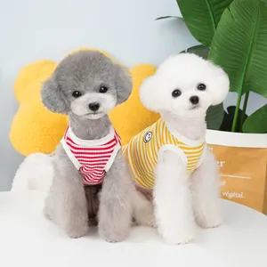 Striped pet vests for small dogs featuring red and yellow colors with smiley face patch