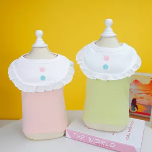 Détail du gilet pour animaux avec col en dentelle blanche et boutons rose et menthe