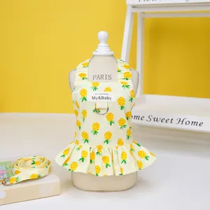 Gros plan d'une robe jaune pour animaux à motifs d'ananas avec une laisse assortie