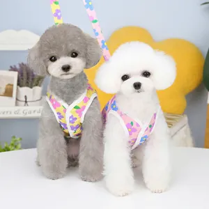 Arnés floral para perros pequeños y gatos con correa en colores amarillo y rosa