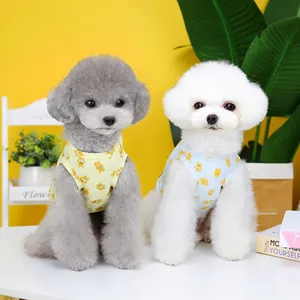 Cute pet vest set with teddy bear prints for small dogs and cats in yellow and blue
