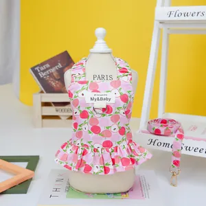 Ensemble robe rose pour animal avec motif pêche, laisse assortie et boucle en métal