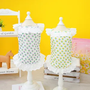 Detail of pet sundress two-pack with tulip prints and delicate lace trim on hangers