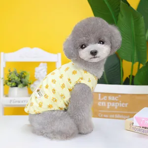 Cute yellow pet vest with bear prints on a gray poodle, soft summer dog clothes