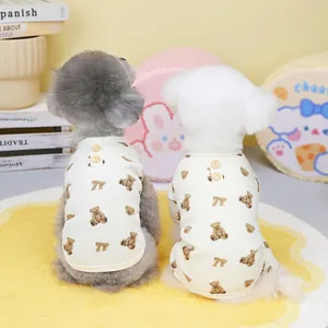 Cute waffle fabric pet pajamas with bear print and wooden buttons for dogs and cats