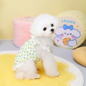 Cute white floral pet vest with lace trim modeled by a dog in a cozy setting