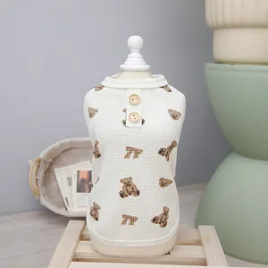 Cute Bear Print Waffle Fabric Pet Vest For Small Dogs And Cats Japanese Style Casual Puppy Kitten Clothes With Wooden Buttons