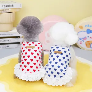 Summer pet lace dresses with heart patterns for small dogs in blue and red colors