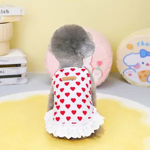 Close-up of white pet dress with red heart prints, lace hem and leather logo detail
