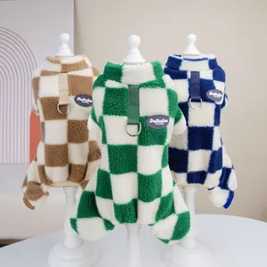 Pet Dog Checkerboard Velvet Hoodie Warm Sherpa Fleece Jumpsuit With Leash D-Ring For Small Medium Dogs Cats Autumn Winter Clothing