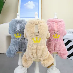 Combinaison Chaude pour Animaux en Velours Corail pour Chiens Et Chats Avec Broderie Couronne Et Anneau en D de Traction