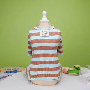 Sky blue and brown striped pet cotton T-shirt displayed on a white model stand