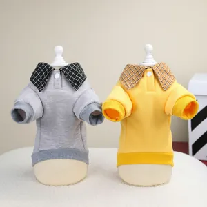 Cozy pet bear polo sweatshirts in grey and yellow with stylish plaid collar detail