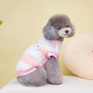 Pink and white striped warm plush pet vest for small dogs with cute bear patch