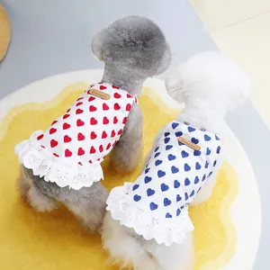 Cute pet summer dresses with heart prints and lace trim for small cats and dogs