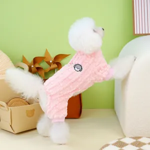 Pink fleece pet onesie for cats and dogs featuring cute puppy embroidery and ribbed cuffs