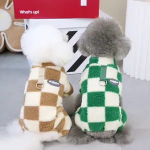 Plaid fleece pet coat with built-in harness D-ring for dogs and cats in autumn winter