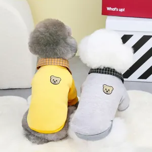 Dog sweatshirts with cute bear embroidery and checkered collars in yellow and grey colors