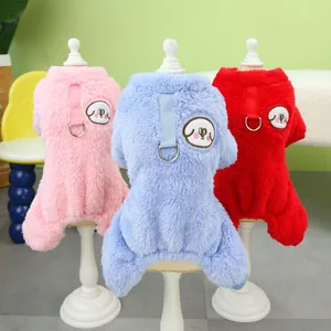 Winter Pet Fleece Jumpsuit Soft Coral Fleece Dog Cat Clothes Warm Four Legged Coat With Traction D-Ring Cartoon Embroidery