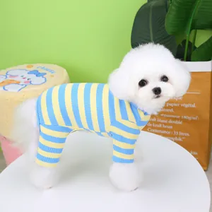 Blue and yellow striped ribbed cotton four-legged dog jumpsuit for small pets