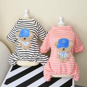 Combinaison Rayée pour Chien avec Patch Ours en Peluche 3D Pyjama à Quatre Pattes à Capuche pour Petits Chiens Chats Chiot Vêtements Chauds en Coton et Polaire