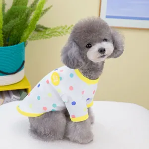 Rainbow polka dot pet t-shirt with yellow ribbed edges for cats and small dogs