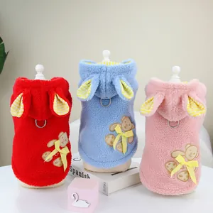 Warm Pet Dog Hoodie Winter Cat Clothes Rabbit Ears Hooded Fleece Vest With Bear Embroidery Bow For Puppy Small Dogs Kitten