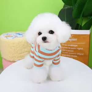 Blue and orange striped dog sweater for small pets in soft knit cotton fabric