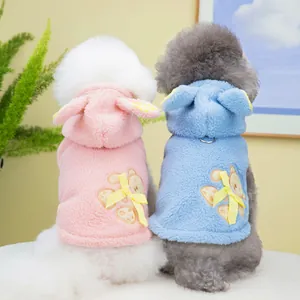 Cute teddy bear embroidered pet fleece vests with rabbit ears and bowknot in pink and blue