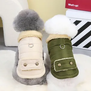 Warm pet vest with faux lamb wool collar and D-ring harness in beige and olive colors