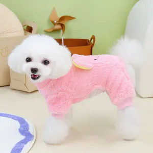 Pink fleece pet hoodie with yellow ears and ribbed cuffs for warm cat or dog winter wear