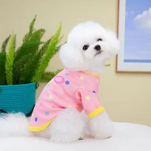 Pink pet t-shirt with colorful polka dots and yellow trim for small dogs and cats