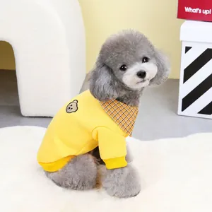 Cute yellow pet sweatshirt with bear embroidery and plaid collar for small dogs and cats