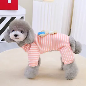 Combinaison à capuche rayée rose pour chiens et chats avec patch peluche mignon