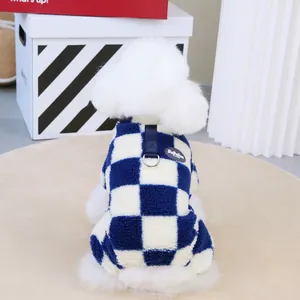 Blue and white checkered pet fleece sweater featuring a built-in D-ring harness detail