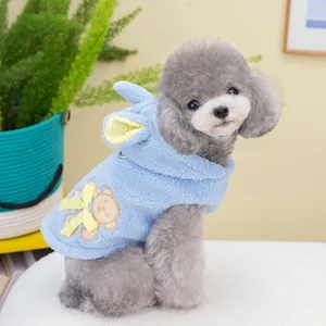 Blue pet hoodie with bear embroidery and rabbit ears on soft coral fleece fabric