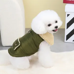 Quilted green dog winter vest with faux sheepskin collar and metal D-ring attachment
