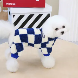 Blue and white checkered warm fleece pet jumpsuit with leash D-ring for small dogs